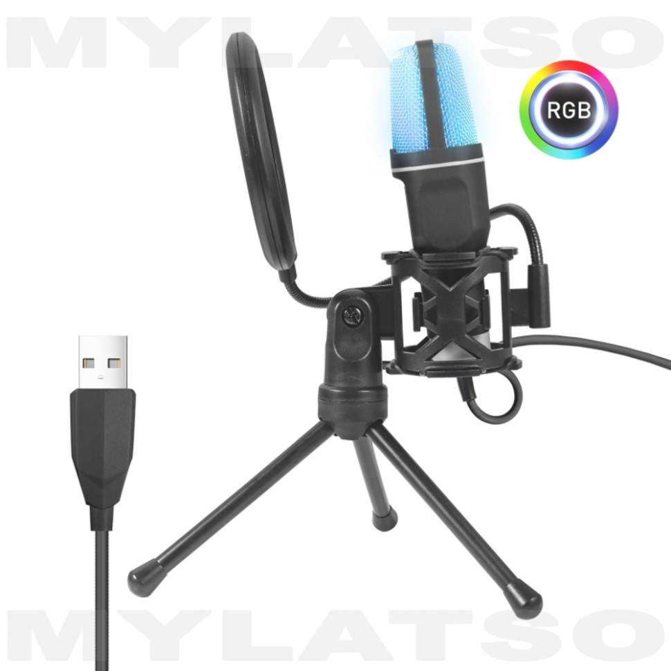 Конденсаторный проводной микрофон для ПК игровой, студийный с подсветкой и USB