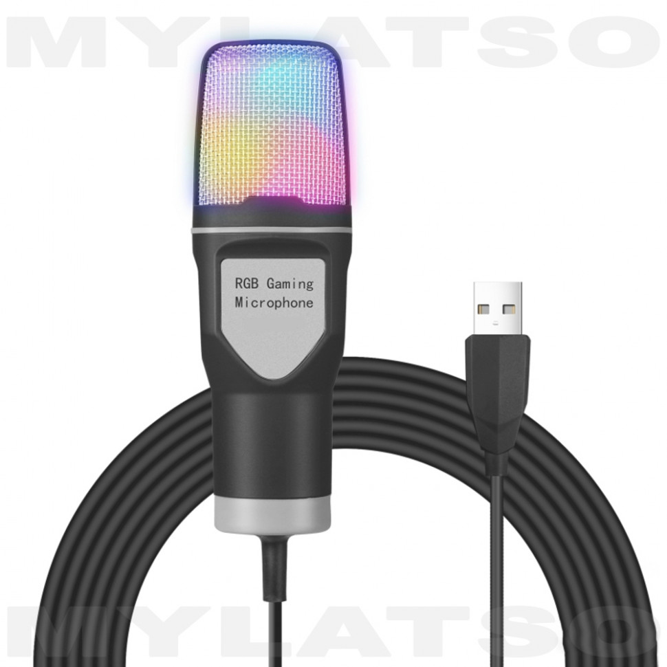 Конденсаторный проводной микрофон для ПК игровой, студийный с подсветкой и USB