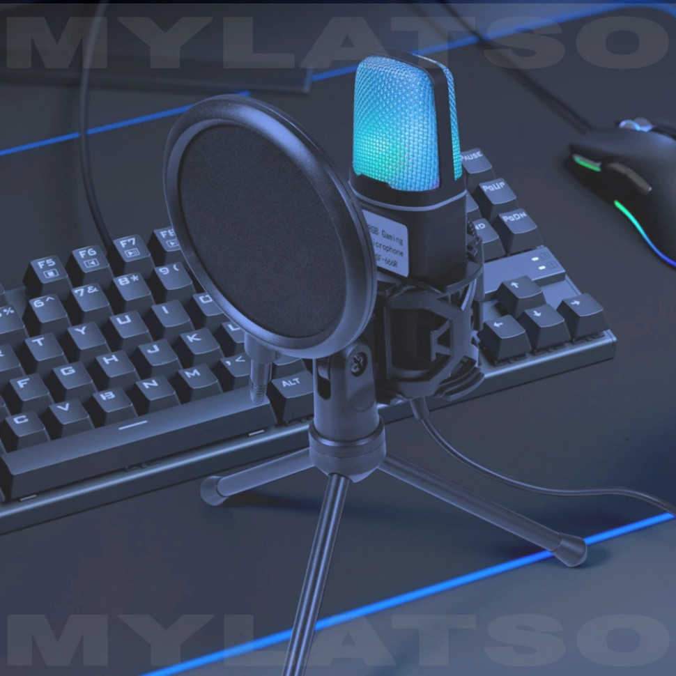 Конденсаторный проводной микрофон для ПК игровой, студийный с подсветкой и USB