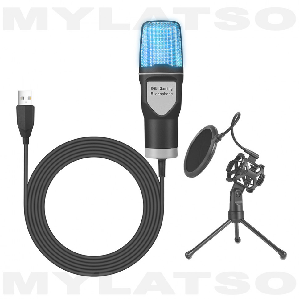 Конденсаторный проводной микрофон для ПК игровой, студийный с подсветкой и USB