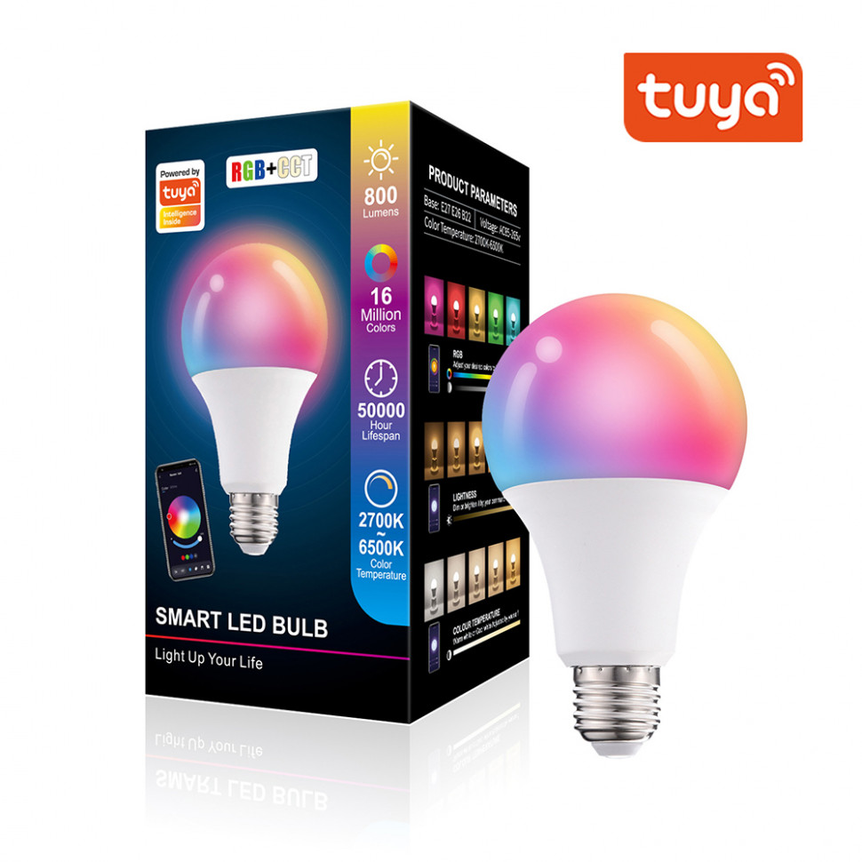Умная светодиодная лампочка E27 RGB + CCT Bluetooth Smart Led Bulb 10W Tuya, лед многоцветная Е27, теплая, холодая лампа с Алисой, Siri, Alexa, Google