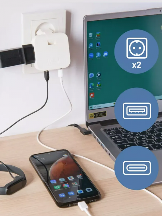 Тройник розетки плоский поворотный с USB Type-C 2500 Вт
