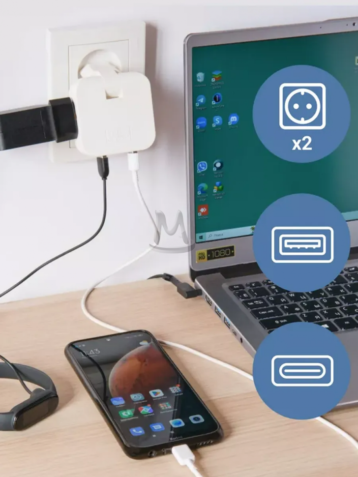 Тройник розетки плоский поворотный с USB Type-C 2500 Вт