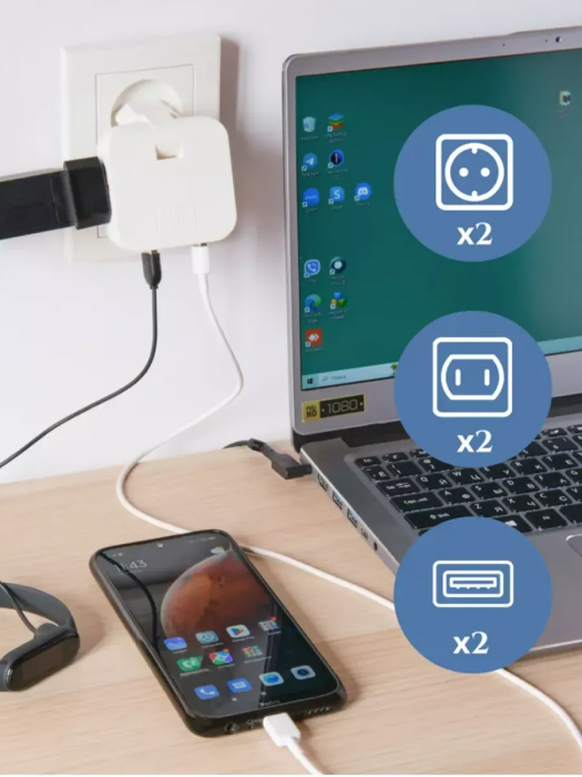 Тройник розетки плоский поворотный с USB разветвитель 4000Вт