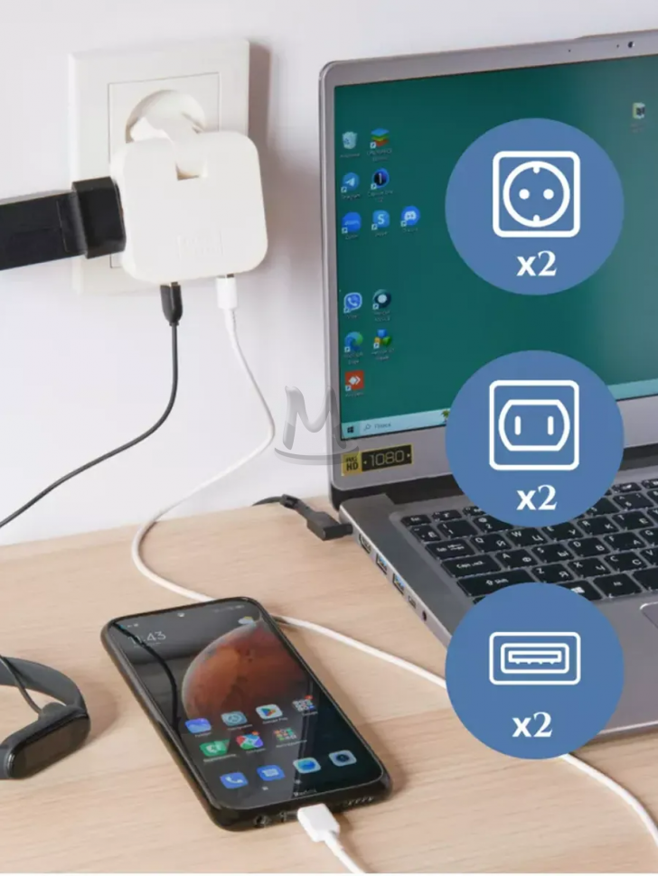 Тройник розетки плоский поворотный с USB разветвитель 4000Вт