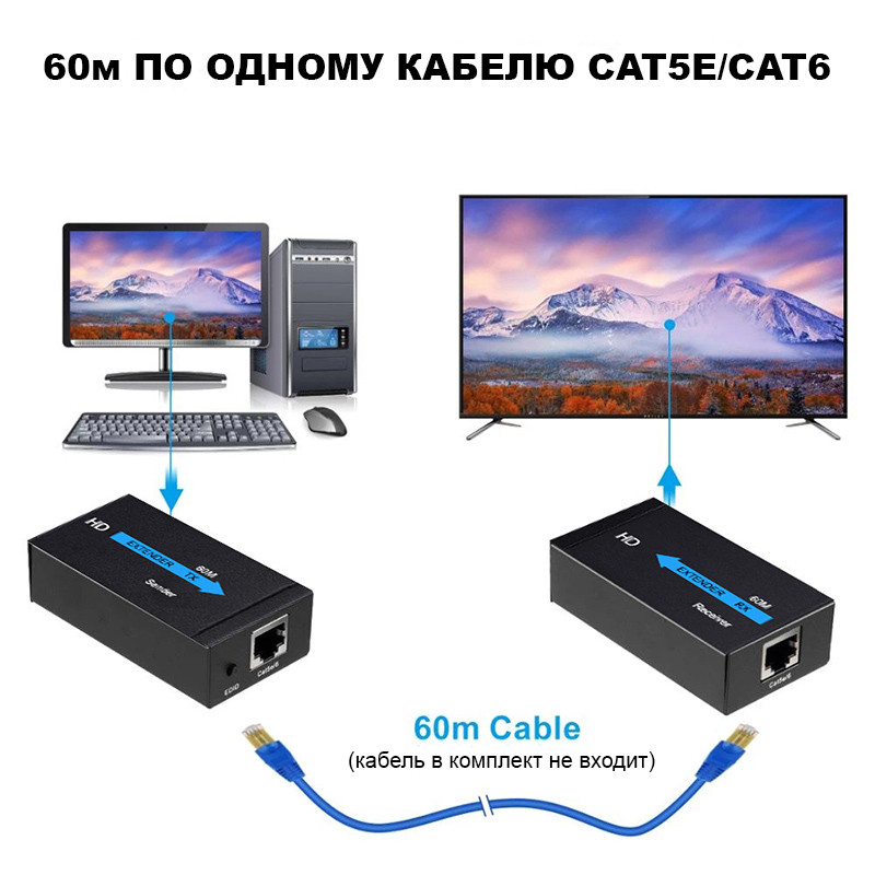 Удлинитель перереходник HDMI по витой паре видеосигнала 60м с RJ-45 cat5e cat6