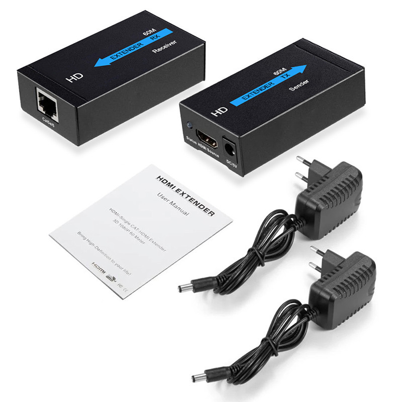 Удлинитель перереходник HDMI по витой паре видеосигнала 60м с RJ-45 cat5e cat6