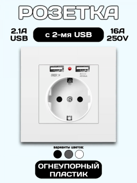 Розетка встраиваемая с USB и заземлением 