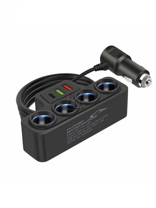 Автомобильный разветвитель прикуривателя на 4 гнезда с разъемами USB и Type-C