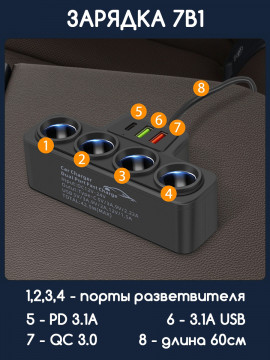 Автомобильный разветвитель прикуривателя на 4 гнезда с разъемами USB и Type-C