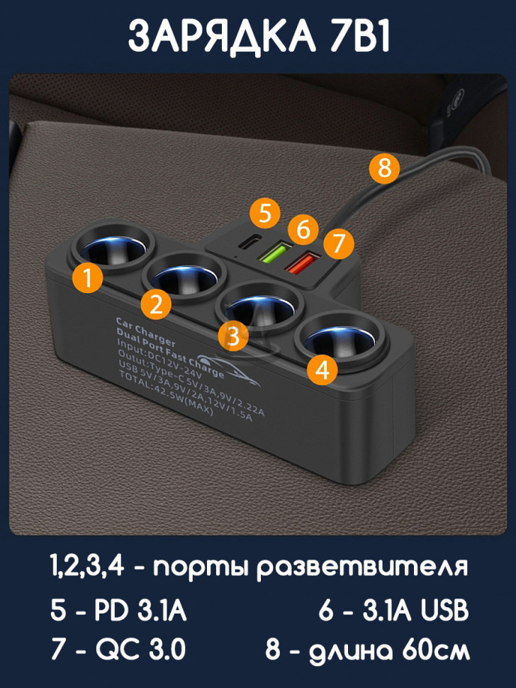 Автомобильный разветвитель прикуривателя на 4 гнезда с разъемами USB и Type-C