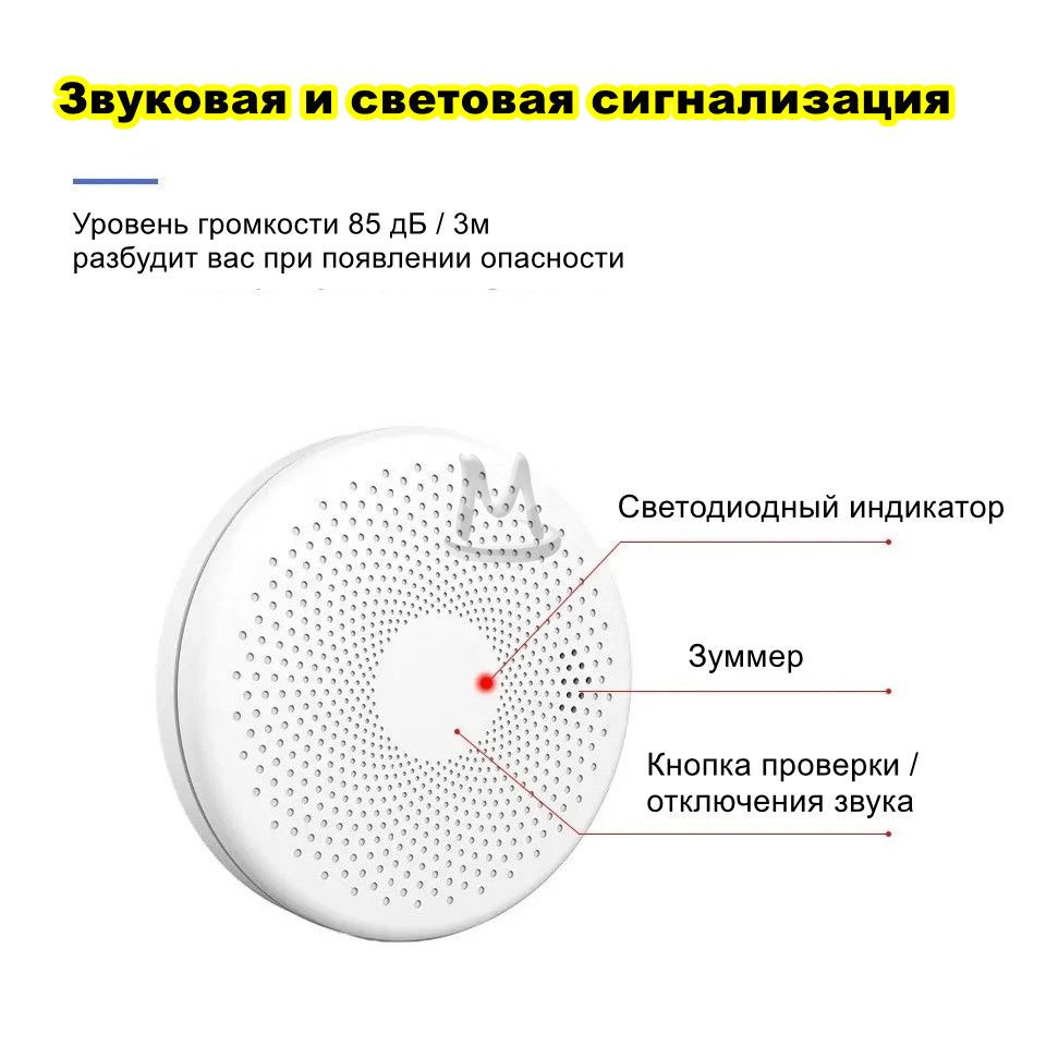 Умный беспроводной WI-FI датчик угарного газа CO и дыма, детектор тревоги задымления и утечки Tuya Smart Life с оповещением