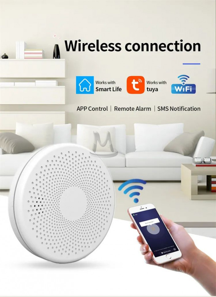 Умный беспроводной WI-FI датчик угарного газа CO и дыма, детектор тревоги задымления и утечки Tuya Smart Life с оповещением