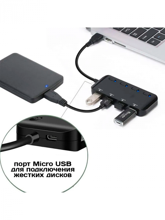 Разветвитель USB хаб 3.0 на 4 порта с выключателями