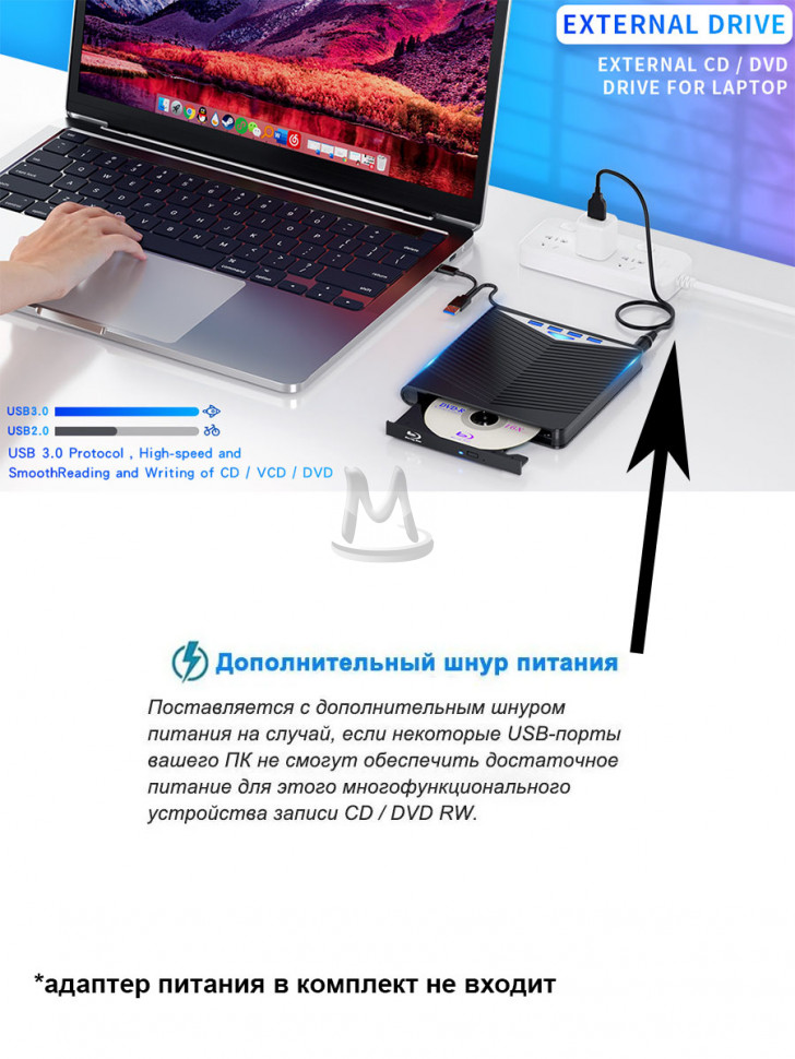 Внешний дисковод CD DVD оптический привод USB Хаб 7в1