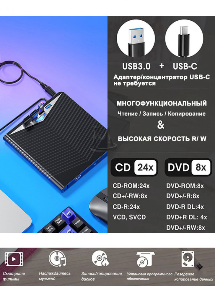 Внешний дисковод CD DVD оптический привод USB Хаб 7в1